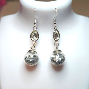 Clear Rhinestone and Silver Glitter Ball Earrings